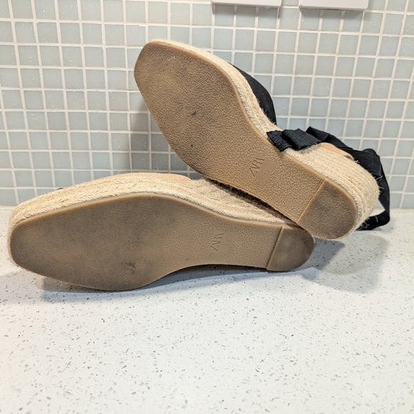 Zara Espadrille Wedge Sandals Black Tan Ankle Tie Wrap Platform Heels - Picture 13 of 14